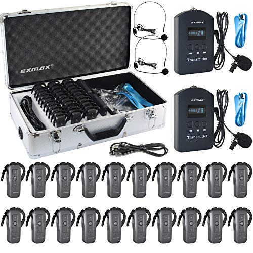 Sistema Inalámbrico para Guías Turísticos EXMAX EXD-6688 de 2.4 GHz con 2 Transmisores y 20 Receptores, Estuche de Carga de 32 Ranuras para Conferencias, Iglesias y Traducción Simultánea miniatura 1