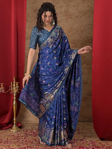 Image of Satrani Women's Crepe Foil Printed Weaving Banarasi Saree with Unstitched Blouse Piece