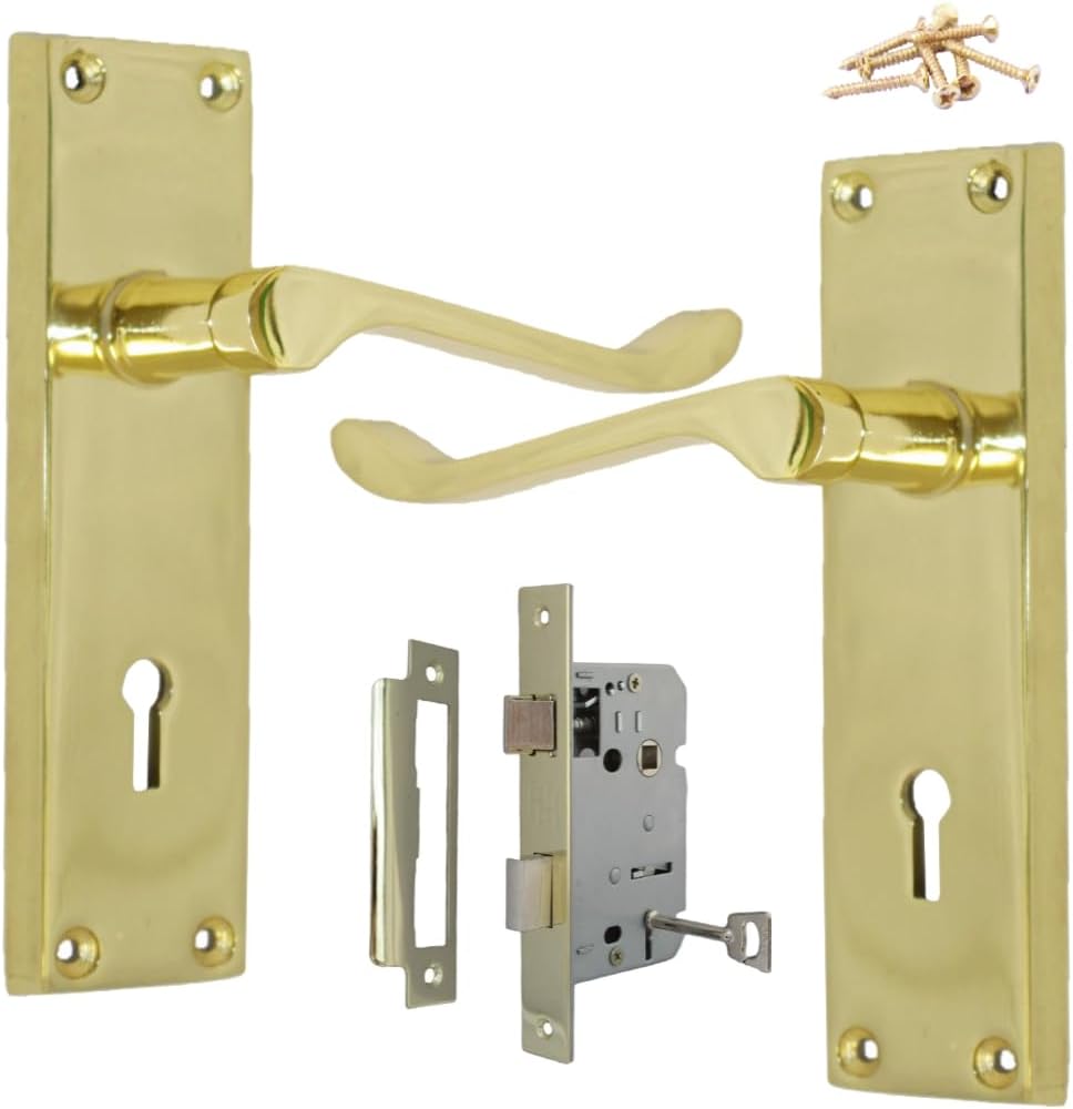Door Handle Sets, Victorian Scroll Brass Door Handles with Lock and Key, Bedroom Door Handle with Lock, External Door Lock and Handle Set with 3 Lever Door Lock with Keys