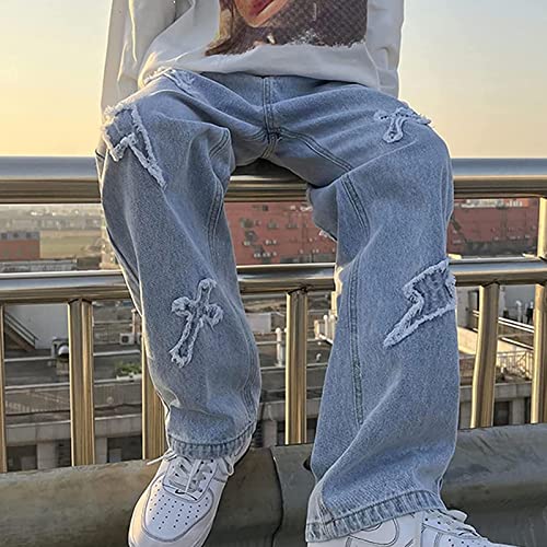 Jeans large homme rétro avec patchwork stretch et bas évasé confortable