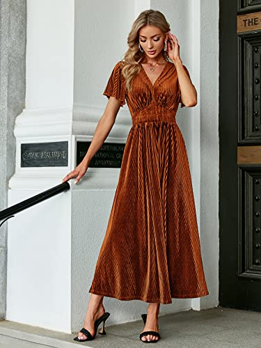 Simplee Women’s V Neck Velvet Maxi Dress Short Sleeve Empire Waist Long Formal Dress for Wedding Guest - Image 3