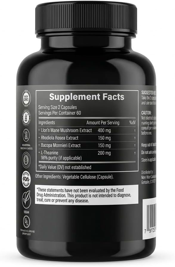 Lions Mane Mushroom Capsules 800 mg with Mushroom Extract, Rhodiola, Bacopa & L-Theanine – Nootropic Brain Health Supplements for Memory, Focus & Mental Clarity – Vegan, Non-GMO – 120 Capsules