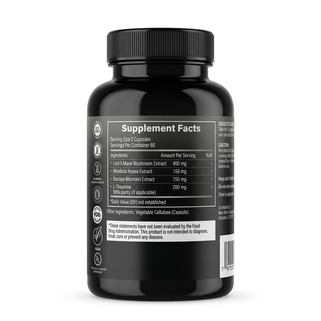 Lions Mane Mushroom Capsules 800 mg with Mushroom Extract, Rhodiola, Bacopa & L-Theanine – Nootropic Brain Health Supplements for Memory, Focus & Mental Clarity – Vegan, Non-GMO – 120 Capsules — Amazon image 7