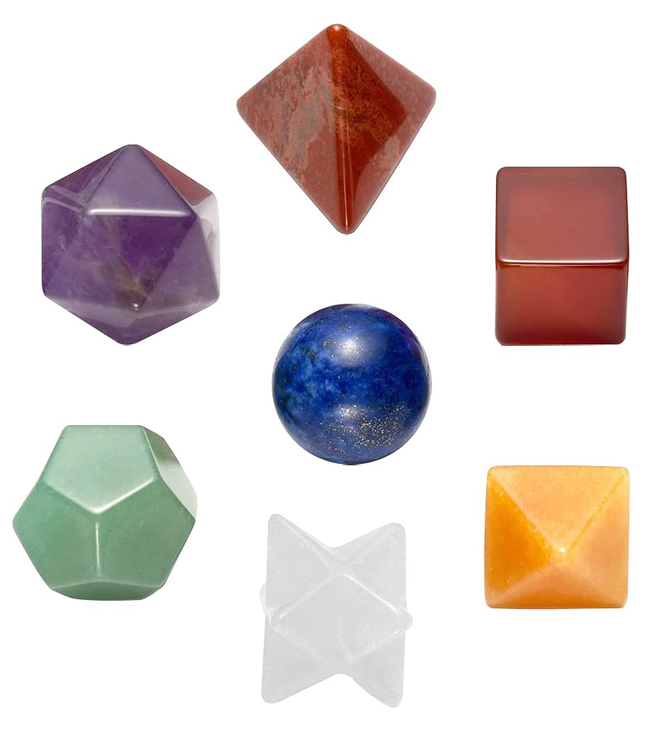 Crocon Mix Seven Chakra 7 Pcs Platonic Sacred Stones Geometry Set for Reiki Healing Chakra Stone Balancing Spiritual Good Luck Home Office Decor Size: