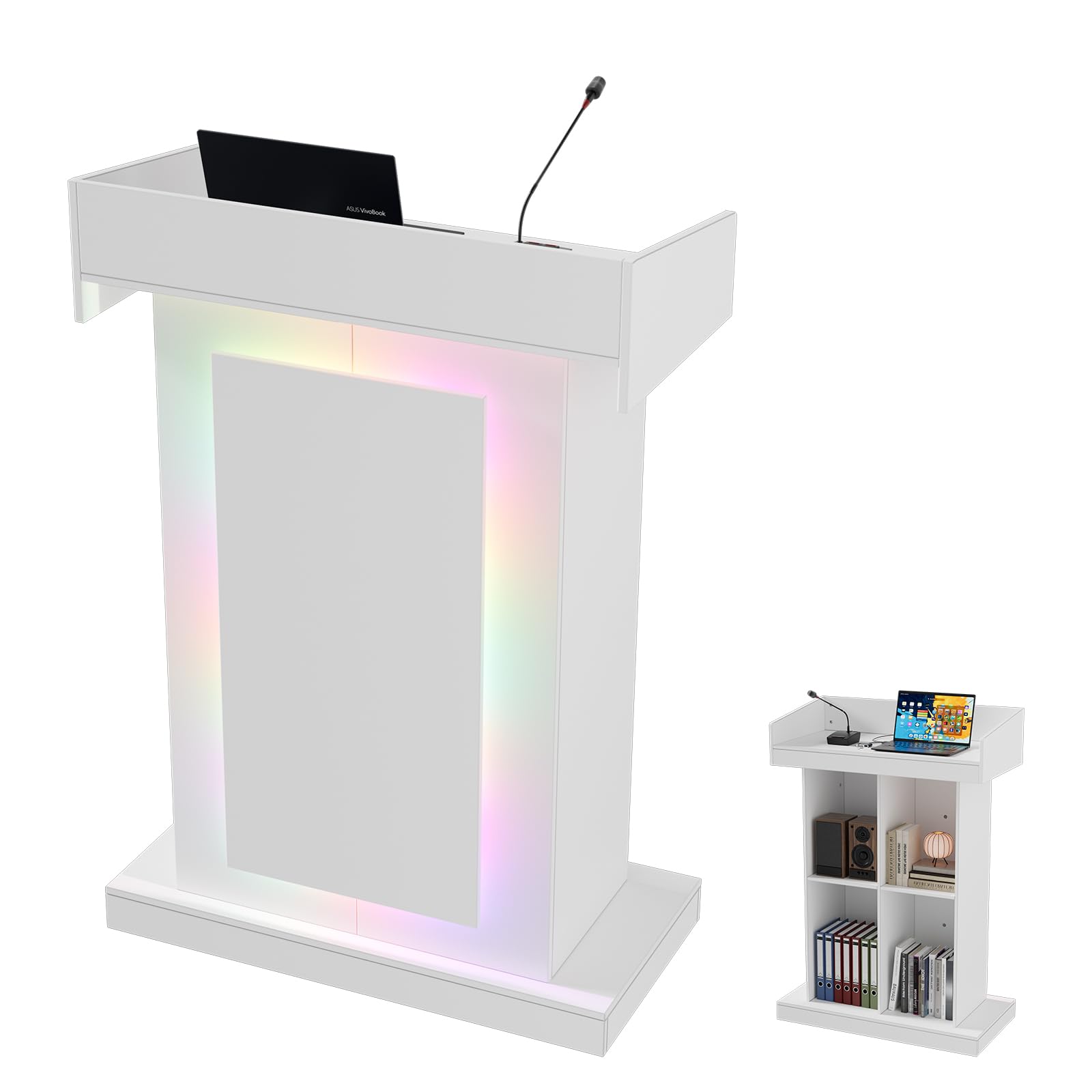 MSFE Atril de pie, mostrador de recepción, podio de madera con luz LED de 16 colores y 4 espacios abiertos, para aulas, aulas, iglesias, seminarios (116,5 x 80 x 40 cm)