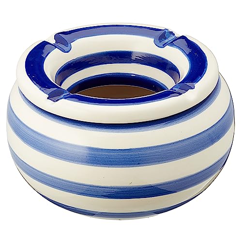 Sturmaschenbecher │Ø 13,5 cm grau weiß gestreift │Windaschenbecher mit Deckel (1 x Sturmaschenbecher blau 13,5cm)