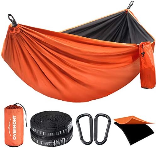 Overmont Double Layer Hammock, TÜV-Certified, 400 kg Load Capacity, Outdoor Breathable Hammocks for Camping, Travel, Trekking, Garden, Nylon Parachute (Black + Orange, 270 x 140 cm)