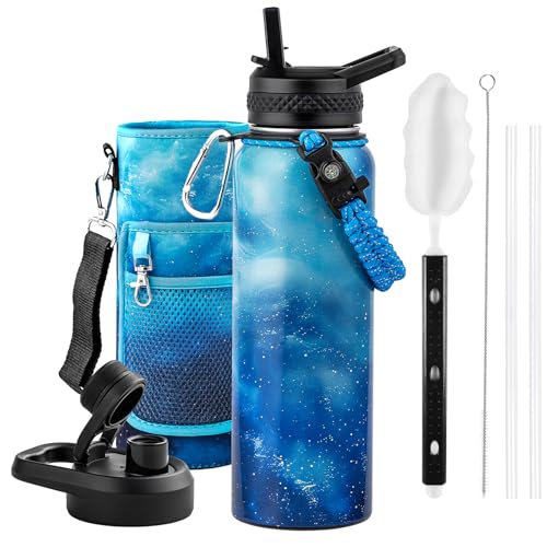 RAYMYLO Insulated Water Bottle 40 oz, Triple Wall Vacuum Stainless Steel (Cold for 36Hrs, Hot for 18Hrs), Leak Proof & Non-BPA, Modern Water Flask Jug with Paracord Handle & Straw Spout Lids