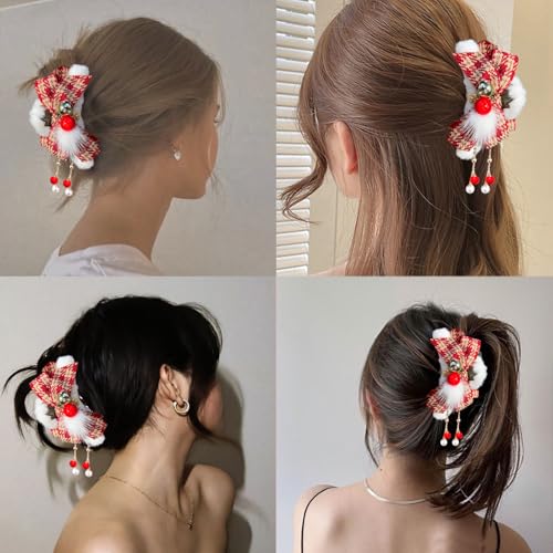 Pinza de cabello roja de Navidad para mujer con borlas miniatura 6