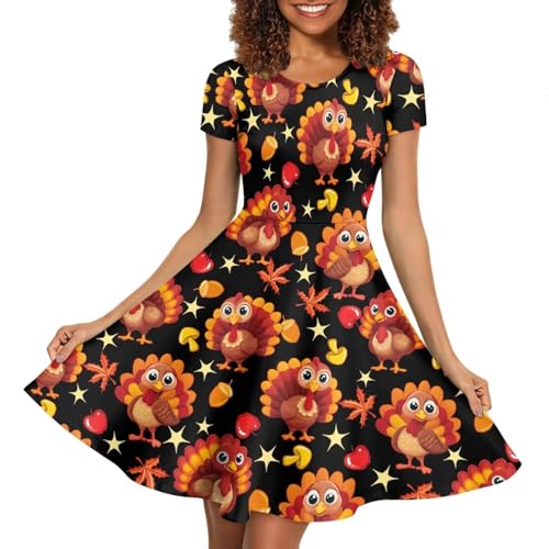 Image of Forchrinse Women's Thanksgiving Dress for Women Turkey Print Short Sleeve Crew Neck Dress Fall Midi Dress Casual Sundress Holiday Party Clothing