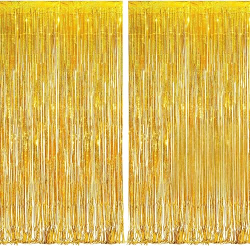 BRAVESHINE Graduation Decorations Glitter Gold Foil Fringe Curtain Backdrop Metallic Tinsel Curtains for Engagement Birthday Hawaiian Disco Wedding Retirement Eid DecorParty Decorations - 2Pcs 1x2.5m