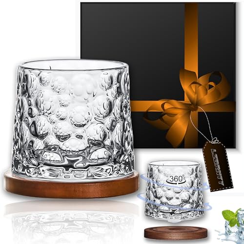 LIBRNTY Vasos de whisky,vasos de whisky giratorios,280ml/360° giratorio con posavasos,vasos de whisky relajantes de descompresión,Vidrio de Whisky Personalizados Regalos para Hombres (B002)
