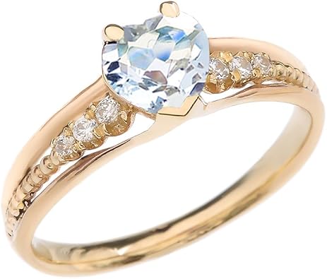 Dazzling 10k Yellow Gold Diamond And March Birthstone Heart Beaded Promise Ring