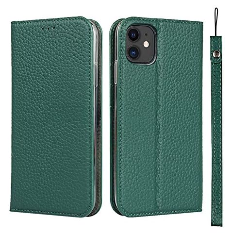 Zouzt [RFID Blocking Premium Leather case for iPhone 11 Wallet Magnetic Flip Cover case with Card Slot TPU Shockproof Stand Genuine Leather case with Lanyard Compatible with iPhone 11 Green Cover