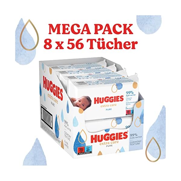 Huggies Pure Extra Care Baby-Feuchttücher, Für den ganzen Körper, 99 % reines Wasser, Parfümfrei, 8 x 56 Tücher… – Bild 8