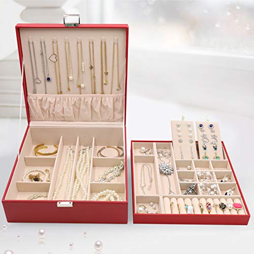 Procase Jewelry Box For Women Girls Girlfriend Wife, Large Leather Jewelry Organizer Storage Case With Two Layers Display For Earrings Bracelets Rings Watches -Red #TOP5