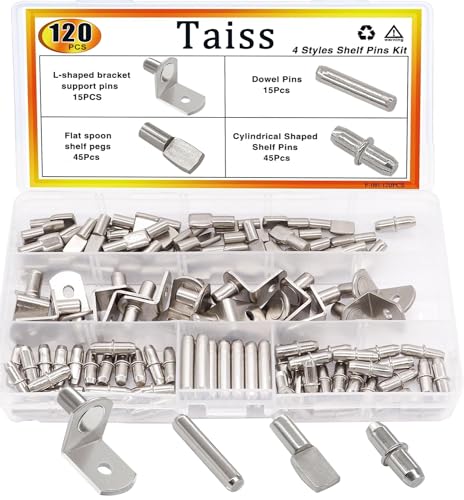 Taiss 120 Pezzi kit perni per scaffali 4 Stili ripiani pioli, staffa a L/Piatto Cucchiaio scaffale pioli/Dowel Pin Nickel Plated Shelf Supporti Pegs,per Mobili da cucina Cabinet shelf F-081-120PCS