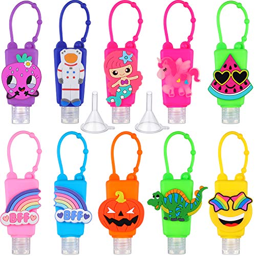 10 Pieces Travel Bottles 1 oz Kids Empty Silicone Containers Mini 30 ml Keychain Plastic Leak Proof Cartoon Hand Cleaner Holders (10 styles)