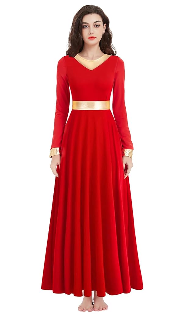 Z&X Women Metallic Gold Long Sleeve Praise Dance Dress Liturgical Lyrical Dancewear Church Robe Worship Costume Tag L, Red by Z&X - Used condition - Image 2