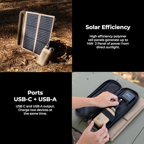 Image of NESTOUT Portable Solar Panel, USB-C and USB-A Ports, 14W Solar Charger for Camping, Water Repellent Ripstop Nylon, Foldable Compact Design, Digital Ammeter, Adjustable Stand, Beige (2 Panel)