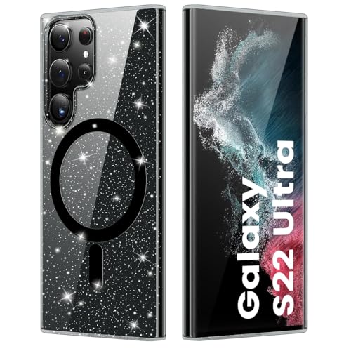 nicekool Magnétique Pailletée Coque pour Samsung Galaxy S22 Ultra, Compatible MagSafe Anti Jaunissement Rayures Protection Antichoc Coque, Transparente Bling Brillante Arrière, Noir