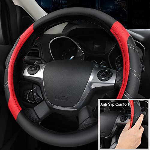 CAR PASS Leather Steering Wheel Cover and Waterproof Car Floor Mats,Microfiber Universal Car Combo Fit for 95% Sedan,SUV,Cars,14.5-15inch Sporty Anti-Slip Safety Comfortable Design(Black＆Red) by CAR PASS - Image 6