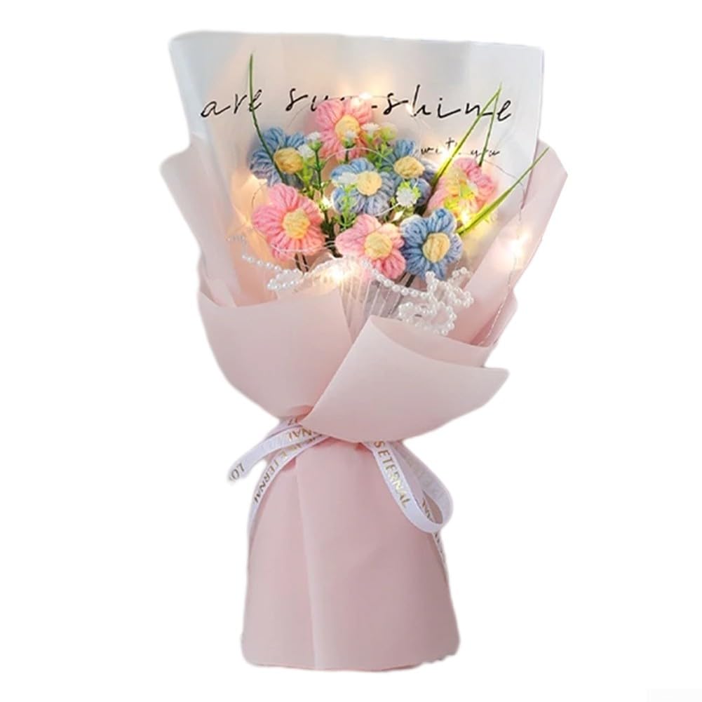 EpheyFIF Knitted Bouquet, Finished Knitting Crochet Flower Bouquet Rose Crochet Bouquet with Lights String, Crochet Flower Wedding Decoration(for PINK)