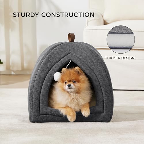 Bedsure Cat Cave Bed Igloo - Large Cat Tent Bed House with Removable Washable Cushion Pillow Foldable Portable Pet Bed,Dark Grey, 44x44x44cm