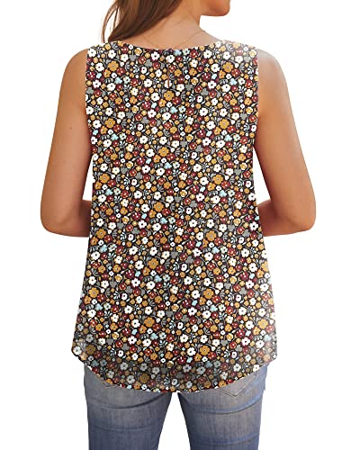 Awuliffan Women's Sleeveless Round Neck Tank Tops Casual Basic Summer Fashion Pleated Double Layers Chiffon Blouse Shirts (Flower Brown White,Small) #TOP3