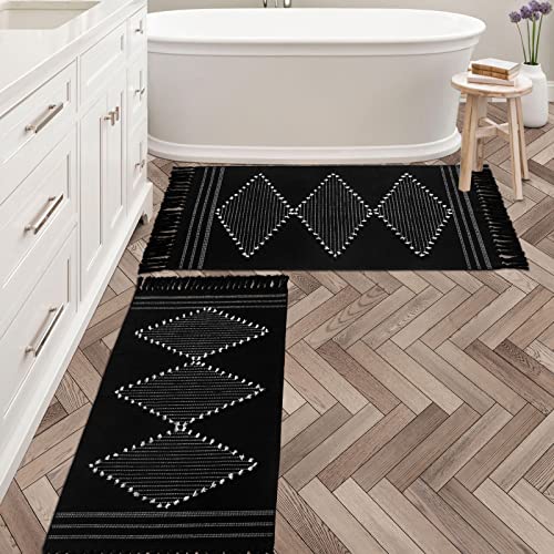 MitoVilla Boho Area Teppich-Set, 2-teilig, 6 x 10 cm + 6 x 10 cm, schwarzer Baumwoll-Läufer mit Quasten für Küche, waschbarer Tribal-Badezimmer-Überwurf für Flur, Eingangsbereich, Waschküche, Boden Cover