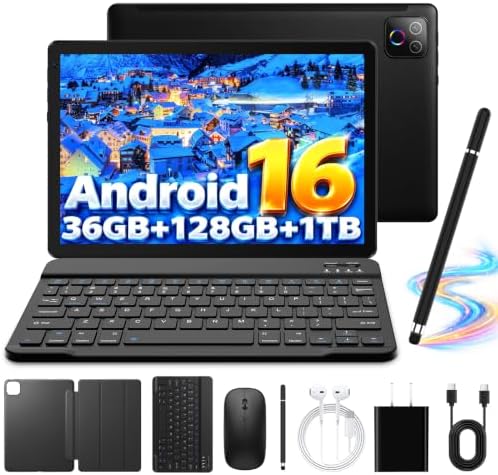 Android 16 Tablet 10 Inch, Octa-Core, 36GB RAM 128GB ROM 1TB,WiFi 6, BT 5.4 | Electronics Tablets with Keyboard Case Mouse Stylus, HD IPS, 6000mAh, 2*Cameras Tablets for Gifts,Streaming,Work -Space Black