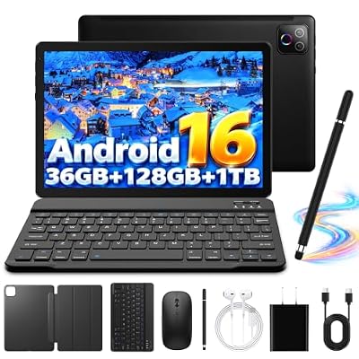 Android 16 Tablet 10 Inch, Octa-Core, 36GB RAM 128GB ROM 1TB,WiFi 6, BT 5.4 | Electronics Tablets with Keyboard Case Mouse Stylus, HD IPS, 6000mAh, 2*Cameras Tablets for Gifts,Streaming,Work -Space Black