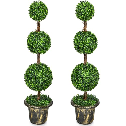 DREAMADE 4ft Topiary Trees Artificial Outdoor/Indoor, Faux Plants Shrub Bushes w/Cement-Filled Retro Pot, Fake Triple Ball Boxwood Topiary Set of 2 for Home, Office, Porch, Front Door, Entrance
