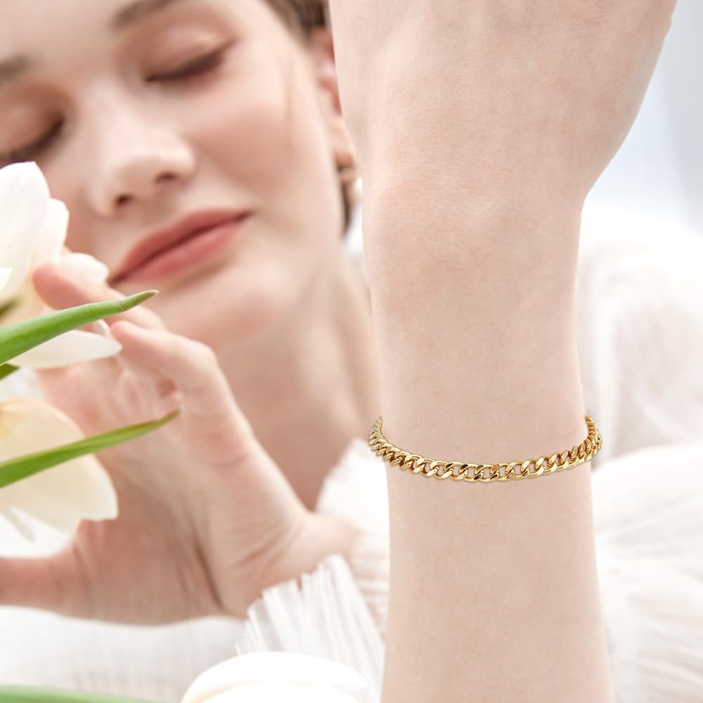 Beebeecraft 1 Box 5Pcs Mens Curb Chain Bracelets 18K Gold Plated 18.4cm Figaro Chain Bracelet Curb Cuban Link Chains Bracelet