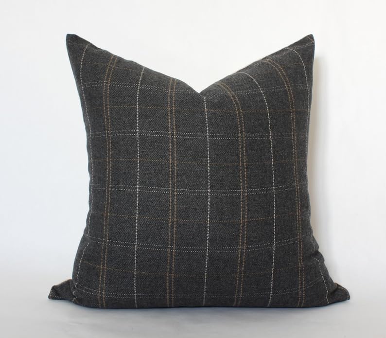 Charcoal Lumbar Pillow, Dark Plaid Pillow Cover, Gray Lumbar