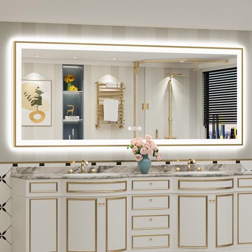 AWANDEE 88x38 Gold LED Bathroom Mirror with Lights, Brushed Gold Framed Backlit and Front Lit Anti-Fog Lighted Vanity Mirrors for Bathroom Wall, Dimmable, 3 Colors, Memory, HD Tempered Glass, CRI 95