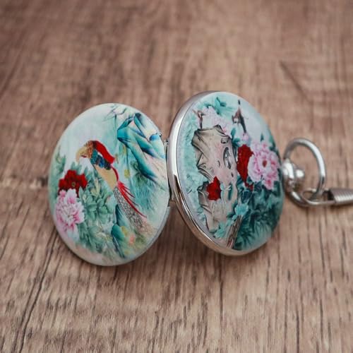 Image of VIGOROSO Vintage Floral Bird Manual Mechanical Pocket Watch for Men & Women - Elegant Wind Up Pocket Watches Skeleton with Chain & Gift Box