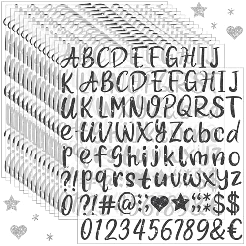 Glitter Letter Stickers,15 Sheets 1215 PCS Alphabet Number Stickers (Black)