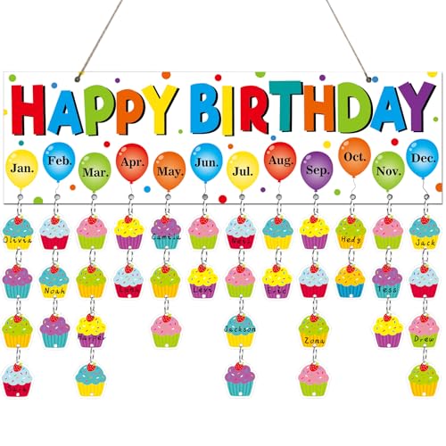 Colorful Birthday Reminder Calendar Wall Hanging Decor(16x5in) Cake DIY Birthday Tracker Calendar Board with 110pcs Wood Tag Birthday Sign Reminder Plaque for Office Classroom Bulletin Board Family
