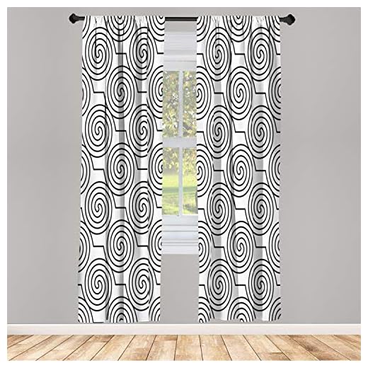 Ambesonne Geometric Window Curtains, Diagonally Aligned Zigzag Lines and Swirls Pattern Retro Geometric Concept, Lightweight Decorative Panels Set of 2 and Rod Pocket, 56" x 84", White and Black