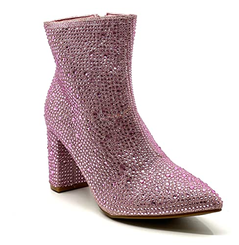Women Rhinestone Block Chunky Heel Ankle Bootie Iceberg 12 By Forever shoes Pink Size 8.5