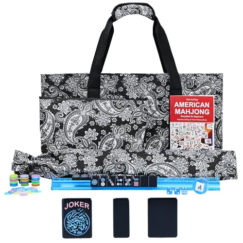 GUSTARIA American Mahjong Game Set, 166 Black Tiles (1.2”), 4 All-in-One Color Rack/Pushers & Drawstring Bag, Complete Mahjong Set with Black Carrying Bag and Mahjong Tiles Set Accessories
