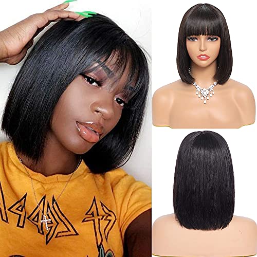Tinall Hair Short Bob Wigs With Bangs 14 Inch 100% Human Hair Brazlian Straight Hair Machine Made Bob Wigs 130% Density Virgin Human Hair Straight Hai