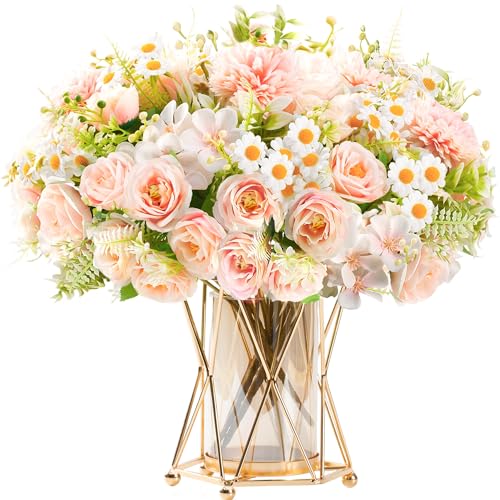 HNVNER Paquete de 4 flores artificiales, rosas artificiales rosadas, ramos de flores de seda para decoración del hogar, centro de mesa, decoración de jardín