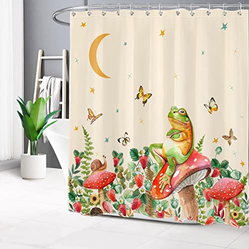 Meunear Mushroom Strawberry Shower Curtain Frog Floral Butterfly Shower Curtains Botanical Plant Flowers Boho Moon Funny Animal Cottagecore Aesthetic Bathroom Decor Fabric Durable 12 Hooks 72X72Inches #TOP2
