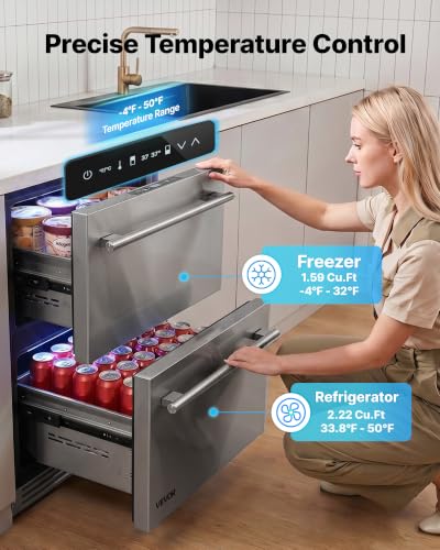 Image of VEVOR 24 inch Drawer Refrigerator with Freezer, Undercounter Fridge & Freezers | 304 Stainless Steel Drawers, Beverage Cooler for Fruit, Freezing Zone for Frozen Food, Ideal for Kitchen, Bar & Game Room