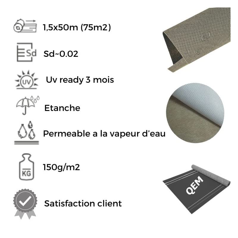 Rouleau écran de sous toiture triple couches 150g/m² HYGROV+ HPV pare-pluie pour isolation HPV light - Haute perméabilité à la vapeur d'eau - résistance aux UV 3 mois (75m²) - rouleau(x) de 75m²