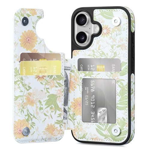 Arae for iPhone 16 Case Wallet with Card Holder - Floral Flower Pattern Case with PU Leather Card Pockets Back Flip Cover for iPhone 16 - Flower 02