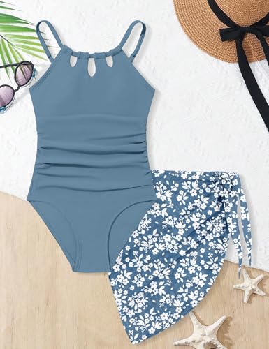 Image of KANGKANG Girls Swimsuit Quick Dry Cut Out One Piece Swimsuits with Tropical Print Cover Up Skirt Bathing Suit Swimwear 7-18Y