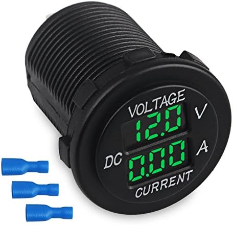 WATERWICH DC12-24V/0.1-10A Dual LED Digital Multimeter Amp Voltage Meter 2-in-1 Current Tester and Voltage Tester for Boat Marine Vehicle Truck ATV Car Camper LED Round Panel (Green)